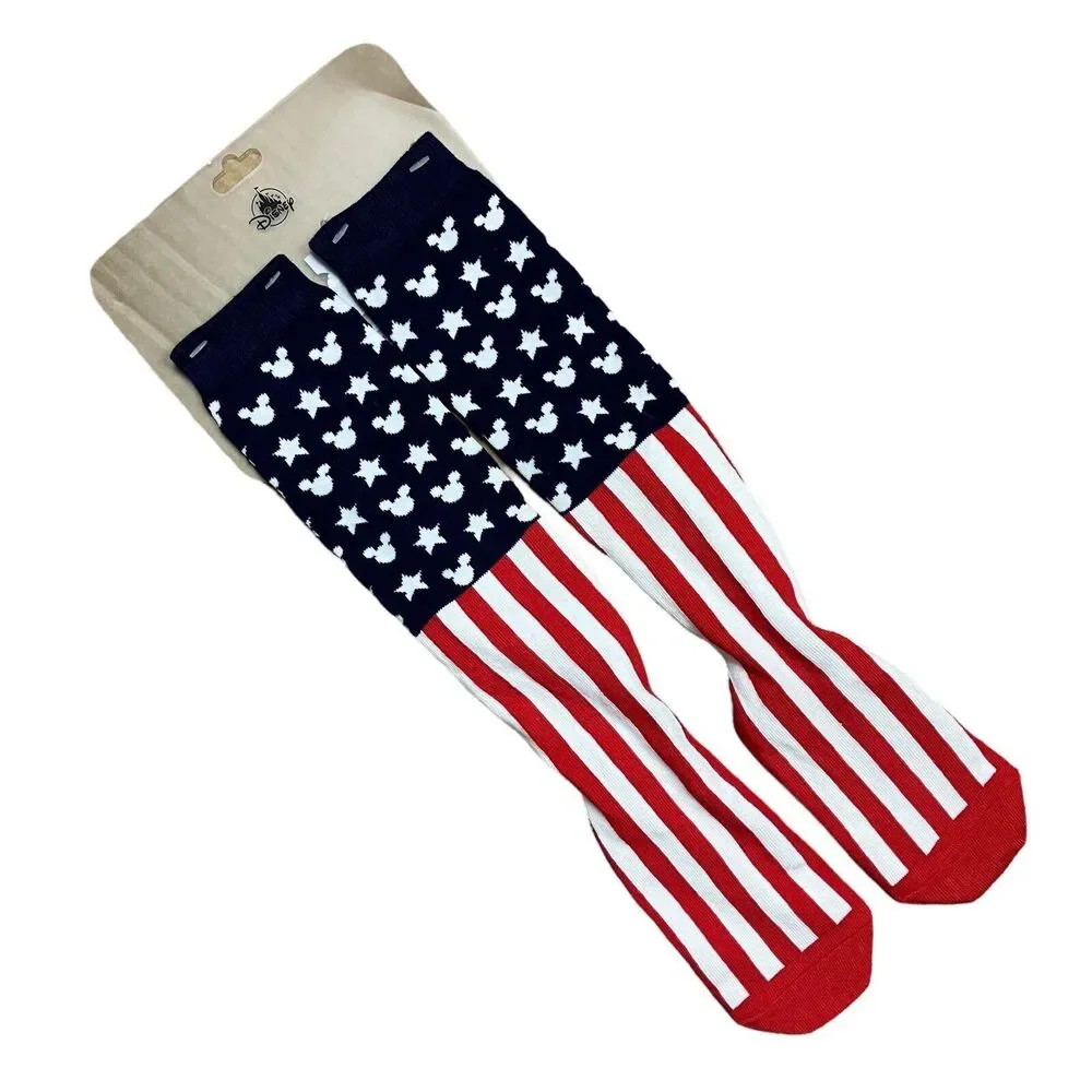 DISNEY PARKS MICKEY MOUSE ICON Love the USA Stars Stripes Adult Socks‎ Red Blue